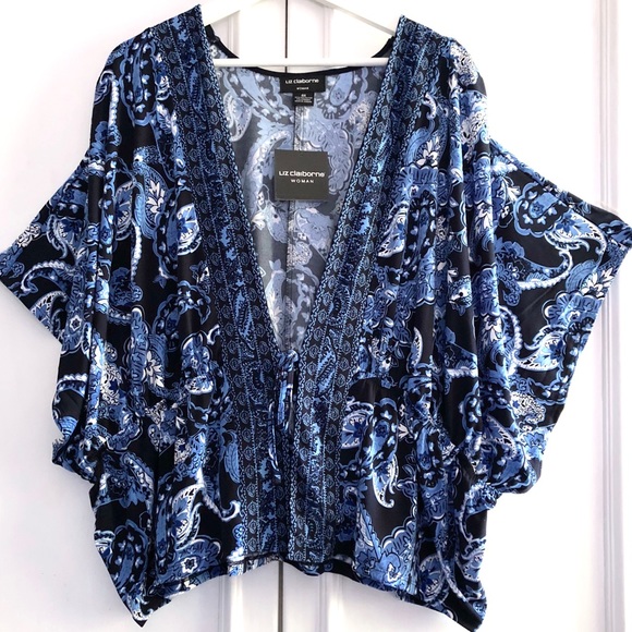 1X NWT Liz Claiborne Topper Kimono Top Dolman Blouse Boho Blue Black - Picture 1 of 7